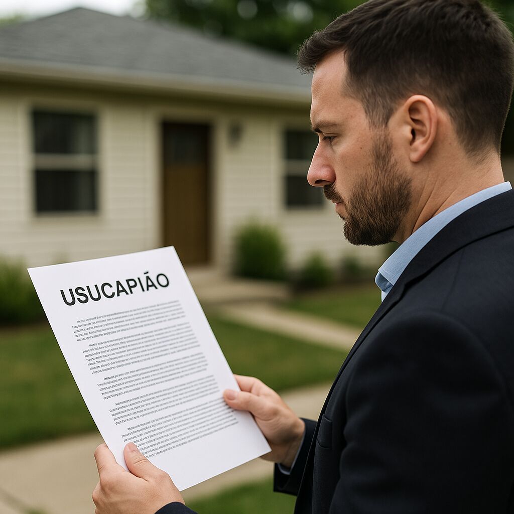 Homem lendo documento sobre usucapião em frente a casa