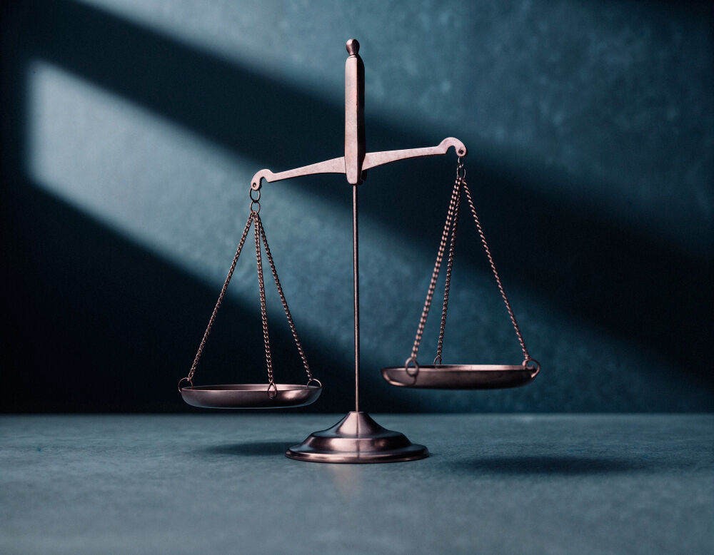 Balança de justiça sobre mesa azul escura