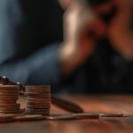 Martelo de madeira como os de juizes ao lado varias moeda, ao fundo uma pessoa com as mão juntas