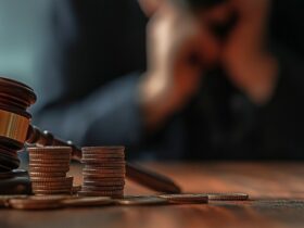 Martelo de madeira como os de juizes ao lado varias moeda, ao fundo uma pessoa com as mão juntas