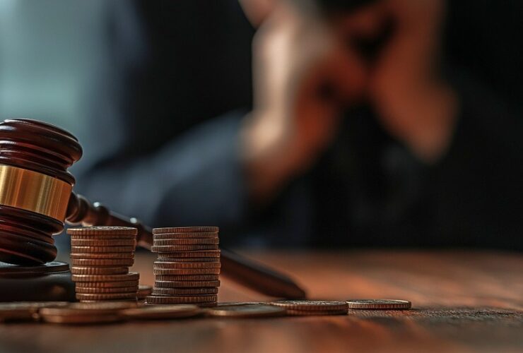 Martelo de madeira como os de juizes ao lado varias moeda, ao fundo uma pessoa com as mão juntas