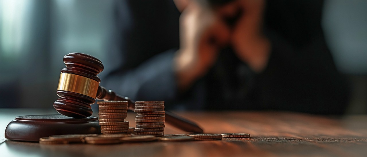 Martelo de madeira como os de juizes ao lado varias moeda, ao fundo uma pessoa com as mão juntas